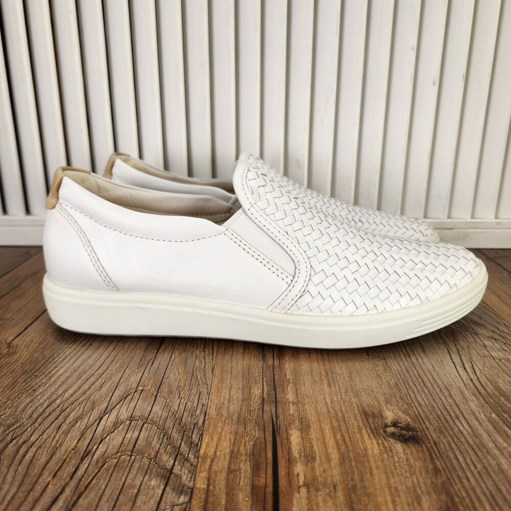 ECCO Soft 7 Woven Slip-On Womens Sz 9.5 White Leather Modern Sleek Loafers Shoes